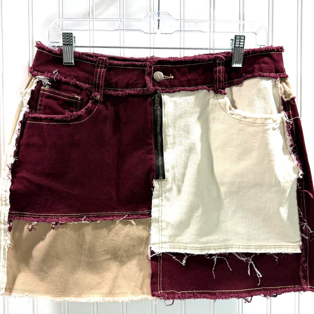 Artisan Patchwork Denim Mini Skirt One of a Kind Designer Upcycled 32 Waist - Picture 2 of 7